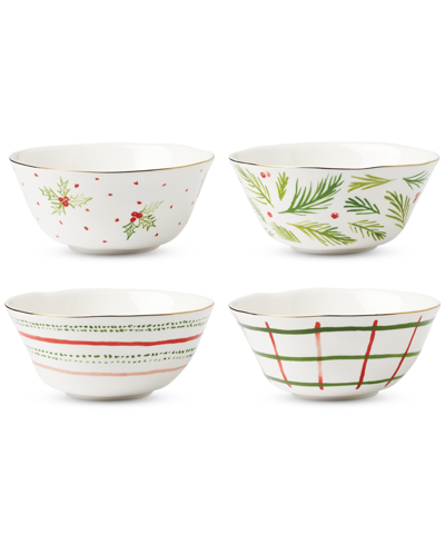 Lenox Bayberry All-purpose Porcelain Bowls, Set Of 4 In Red  Green And Ivory