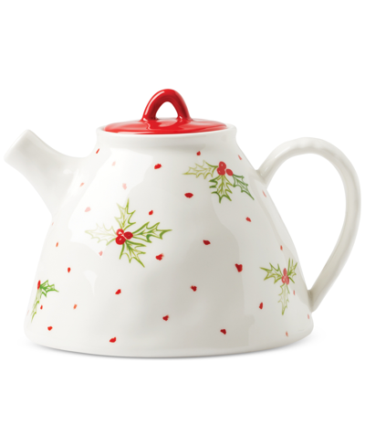 Lenox Bayberry Porcelain Printed Teapot In Red  Green And Ivory