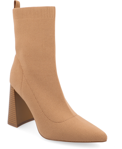 Journee Collection Women's Noralinn Knit Stacked Flared Heel Dress Booties In Tan