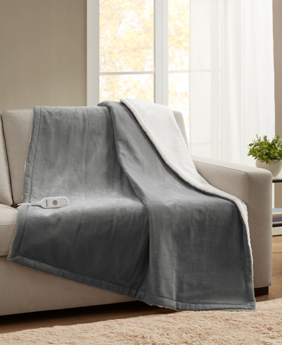 Premier Comfort Heated Plush To Sherpa Throw Bedding In Grey