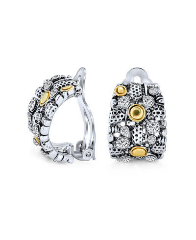 Bling Jewelry Steampunk Two Tone Crystal Wide Half Hoop Clip On Earrings Non Pierced Ears Oxidized Brass In Two-tone