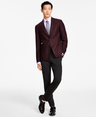 Calvin Klein Men's Slim-fit Wool Woven Herringbone Sport Coat In Burgundy