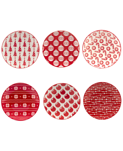 Certified International Peppermint Candy 6" Canape Plates Set Of 6, Service For 6 In Red