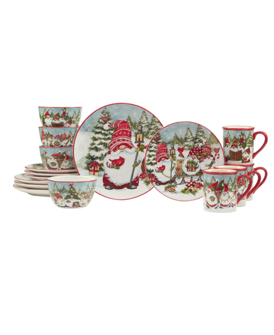 Certified International Christmas Gnomes 16 Piece Dinnerware Set, Service For 4 In Red