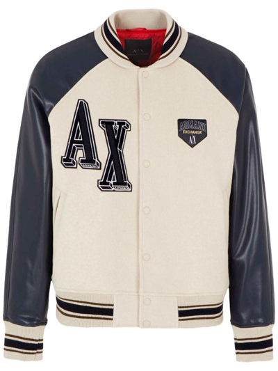 Armani Exchange Logo-patch Varsity Jacket In Silver Lining/navy