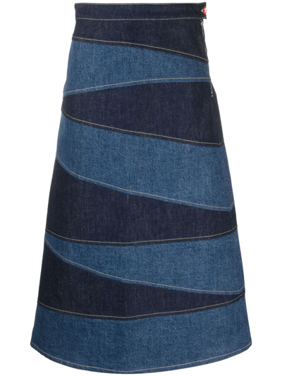 Kenzo Patchwork Denim Midi Skirt In Blue