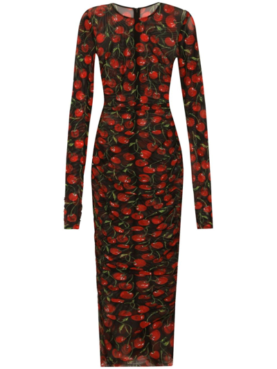 Dolce & Gabbana Cherry-print Ruched-tulle Midi Dress In Black