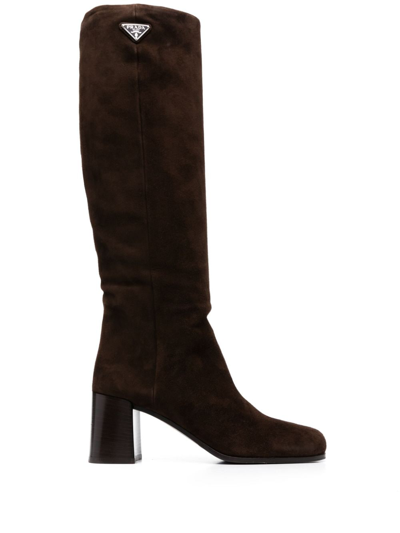 Prada 65mm Knee-high Leather Boots In Brown
