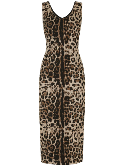 Dolce & Gabbana Short Leopard-print Charmeuse Dress In Brown