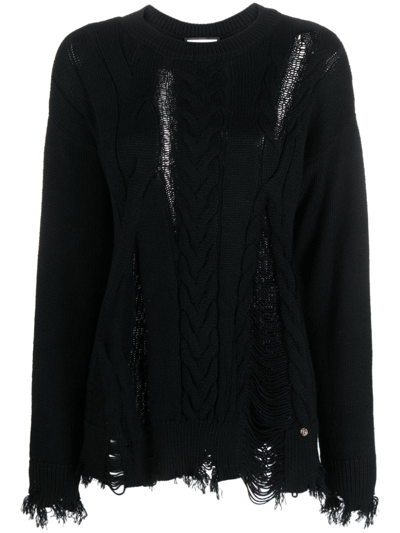 Nissa Cable-knit Ripped-detail Jumper In Schwarz