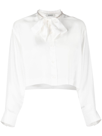 Sandro Pussy-bow Collar Silk Blouse In Natural