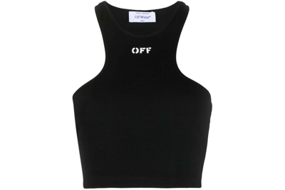 Pre-owned Off-white Logo-print Ribbed-knit Racerback Top Black