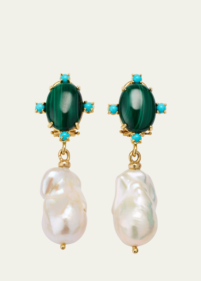 Grazia And Marica Vozza Stone And Pearl Earrings With Malachite And Turquoise Coloured Resin In Multi