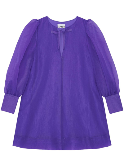 Ganni Long Sleeve Purple Organza A-shaped Mini Dress In Simply Purple