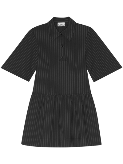 Ganni Stripe Collared Mini Dress In Black