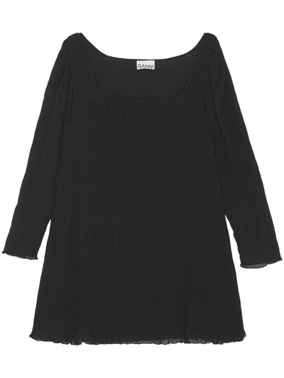 Ganni Long Sleeve Black Pleated Georgette Mini Dress