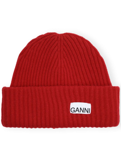 Ganni Logo-patch Ribbed Wool Beanie In Red