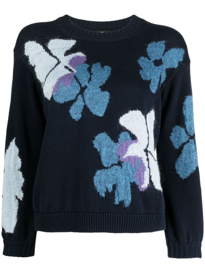 Ps By Paul Smith Floral-print Crew-neck Jumper In Blue