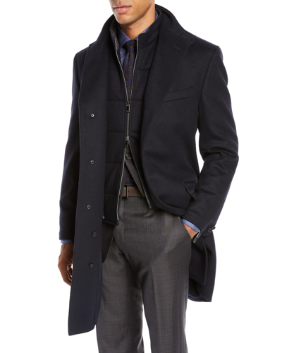 Corneliani Id Wool Topcoat With Zip-out Bib In Navy