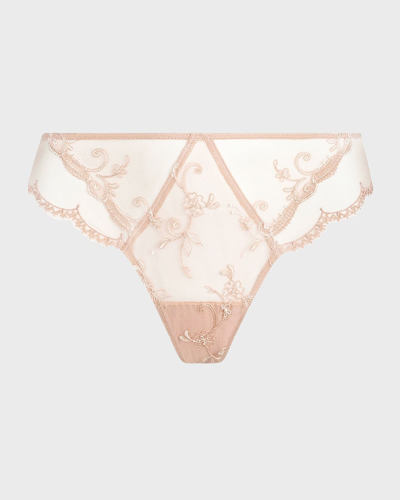 Lise Charmel Floral-embroidered Mesh Thong In Deesse Nude