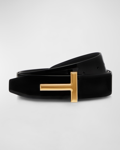 Tom Ford Reversible T-logo Patent Leather Belt In Graphite Black