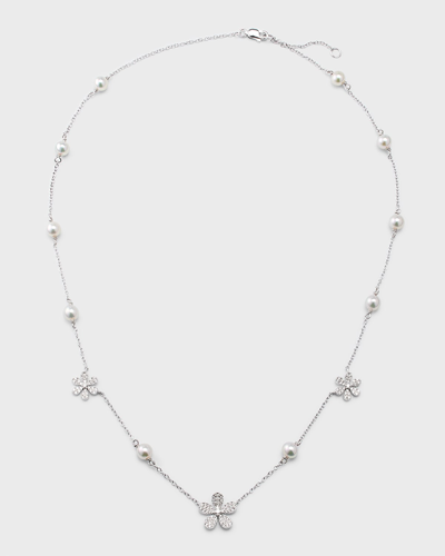 Pearls By Shari 18k White Gold 3 Daisy Flower Necklace With Akoya Pearls And Diamonds In Metallic