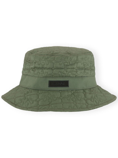 Ganni Logo-patch Quilted Bucket Hat In Green
