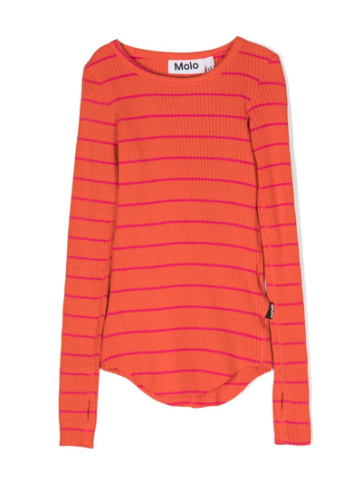 Molo Kids' Stripe-pattern Ribbed-knit Jumper In Orange