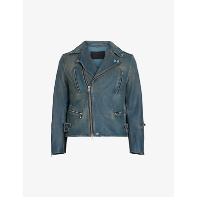 Allsaints Mens Jade Blue Jade Zip-embellished Leather Biker Jacket
