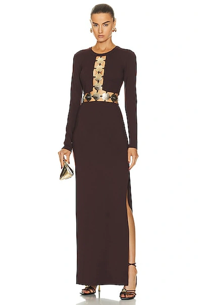Staud Delphine Long-sleeve Golden Hardware Cutout Dress In Dark Chocolate