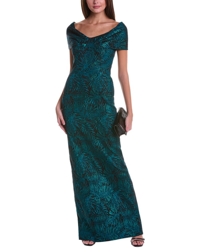 Teri Jon By Rickie Freeman Off-the-shoulder Jacquard Column Gown In Green