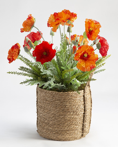 D&w Silks Poppies Arrangement In Round Natural Rope Basket