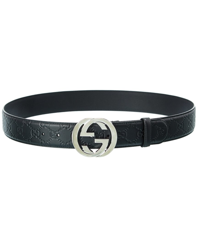 Gucci Unisex Signature Leather Belt In Black