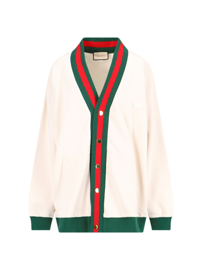 Gucci Web Detail Cotton Knit Cardigan In White