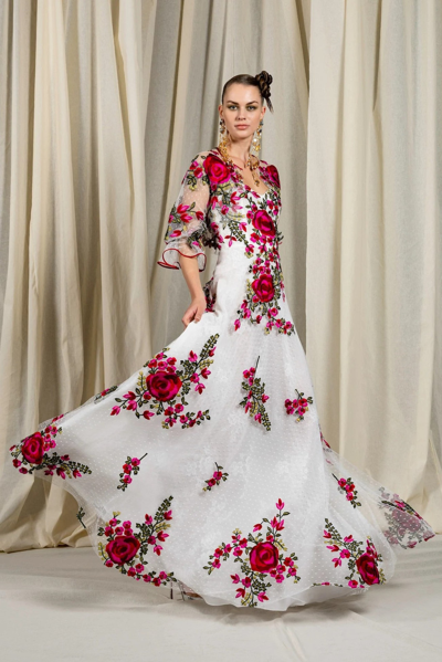 Naeem Khan Pointe D'esprit Floral Gown And Bolero In Multi