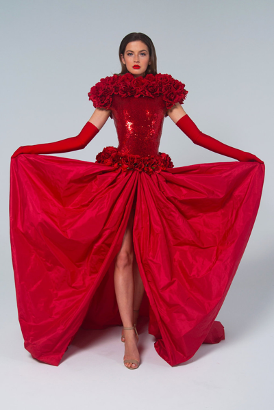 Marc Bouwer Red Roses Gown In Multi