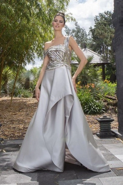 Edward Arsouni Draped Satin And Lace Gown In Gray