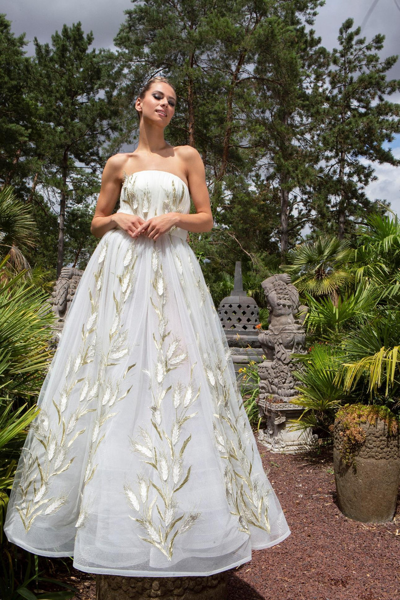 Edward Arsouni Strapless Embellished Lace Gown In White