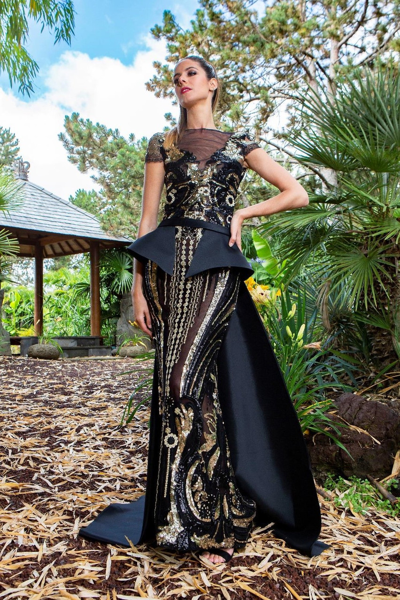 Edward Arsouni Satin And Lace Peplum Gown In Black