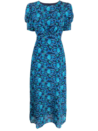 Saloni Bianca Floral-print Silk-crepe Midi Dress In Blue