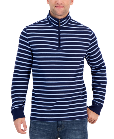Club Room Men's Classic Fit Striped French Rib Quarter-zip Sweater, Created For Macy's In Navy Blue