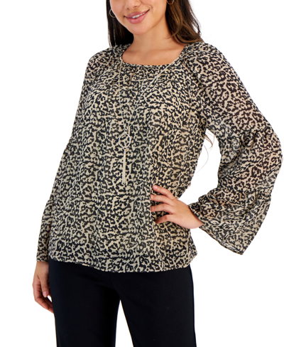 Jm Collection Women's Printed Tiered-sleeve Necklace Top, Created For Macy's In Stone Combo