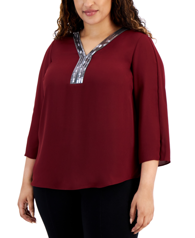 Jm Collection Petite Sequined-trimmed Y-neck 3/4-sleeve Top, Created For Macy's In Dark Rust