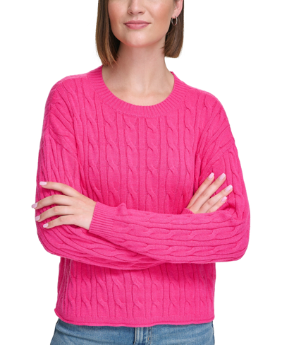 Calvin Klein Jeans Est.1978 Women's Lightweight Cable Knit Cropped Long Sleeve Crewneck Sweater In Electric Pink