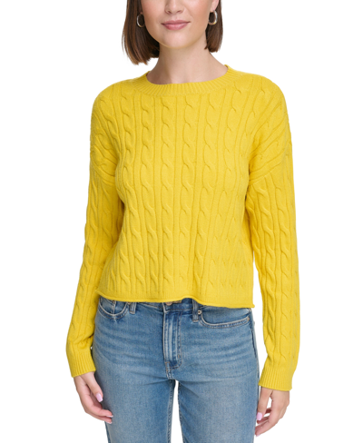Calvin Klein Jeans Est.1978 Women's Lightweight Cable Knit Cropped Long Sleeve Crewneck Sweater In Goldenrod