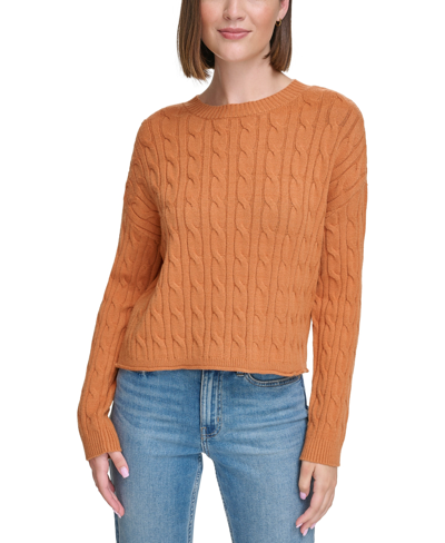 Calvin Klein Jeans Est.1978 Women's Lightweight Cable Knit Cropped Long Sleeve Crewneck Sweater In Burnt Ginger