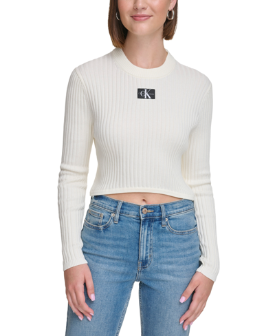 Calvin Klein Jeans Est.1978 Women's Cotton Logo Cropped Long Sleeve High Crew Neck Top In Mascarpone