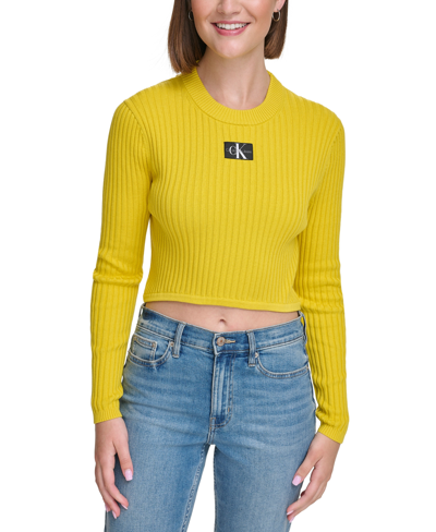 Calvin Klein Jeans Est.1978 Women's Cotton Logo Cropped Long Sleeve High Crew Neck Top In Goldenrod