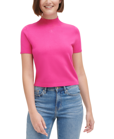 Calvin Klein Jeans Est.1978 Women's Monogram Logo Embroidery Cropped Short Sleeve Mock Neck Top In Electrick Pink