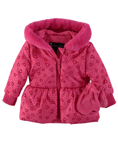 S Rothschild & Co Toddler And Little Girls Flocked Peplum Coat With Mittens In Berry Hearts